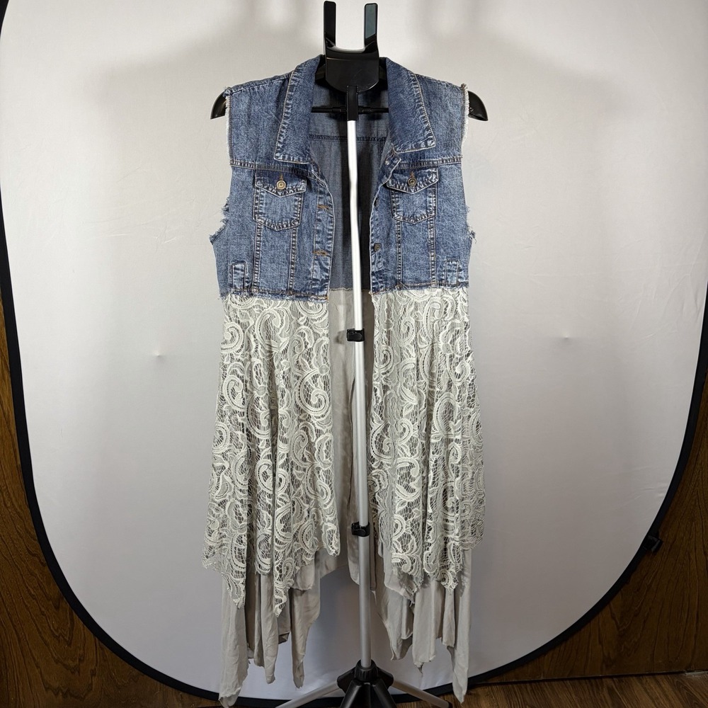 NWT Boho Women's 2X 3X Denim Vest Lace Flowy Long Gray Open Indie Western Lagen